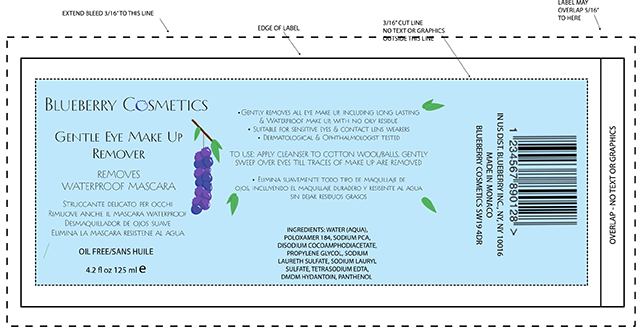 A cyan blue label from blueberry cosmetics for gentle eye make up remover with blueberries dangling from a branch with leaves spread across the label