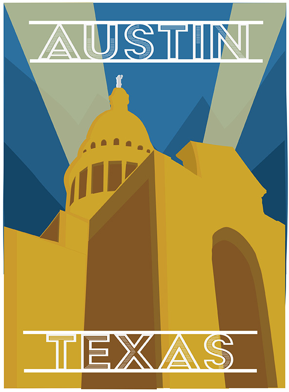 a poster with different shades of blue in the background with movie lights the Austin capital building and the text austin on top plus texas on the bottom