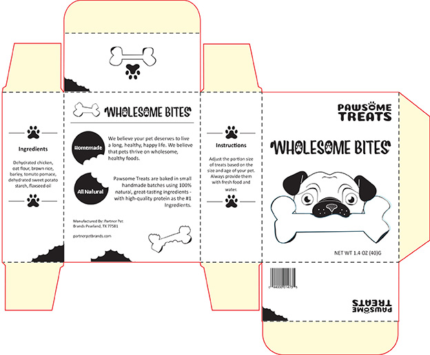 A black and white dog treat box called Wholesome Bites with bitemarks across the box and a pug biting a bone