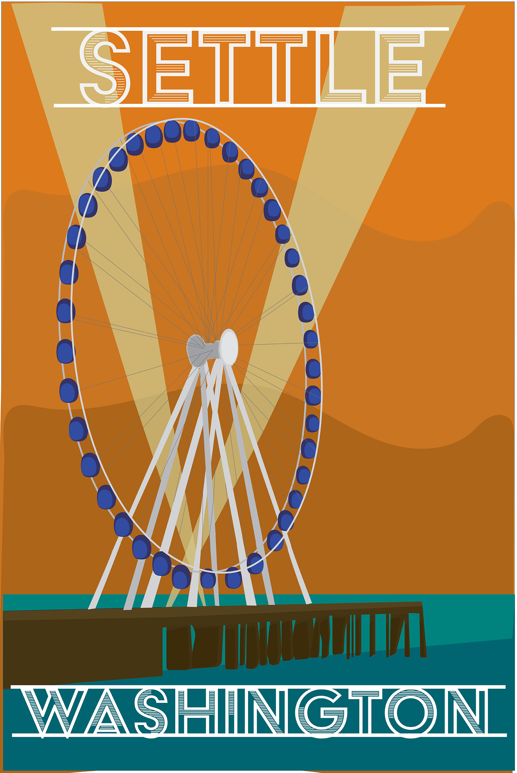 A merry go round on the boardwalk with different shades of orange in the background plus movie lights and the texts settle on top plus washington on the bottom